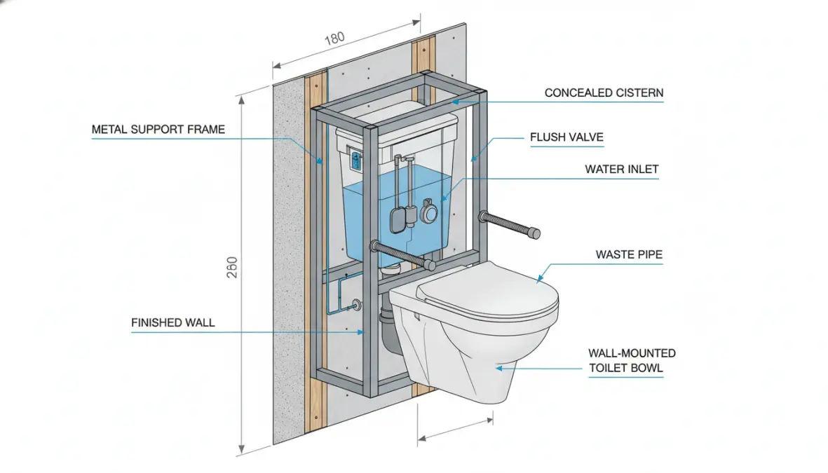 Sistema di installazione sanitari sospesi con telaio a scomparsa e cassetta incasso