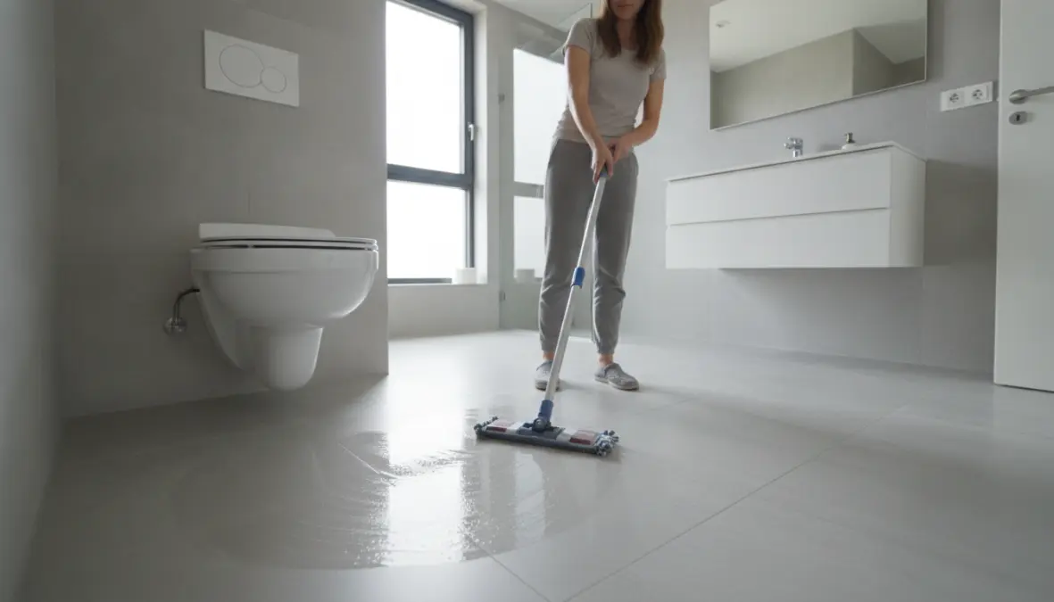 Pulizia facile del pavimento sotto sanitari sospesi nel bagno moderno