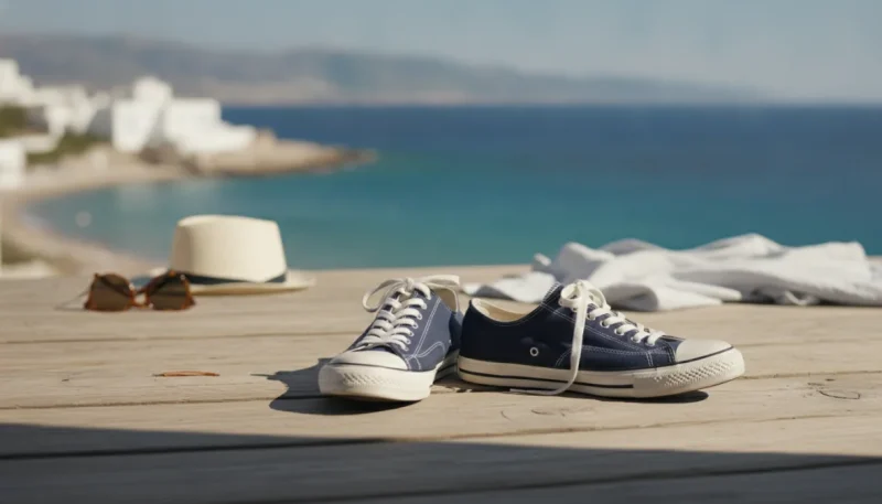 Scarpe tela uomo estive disposte su tavolo in legno con sfondo marino