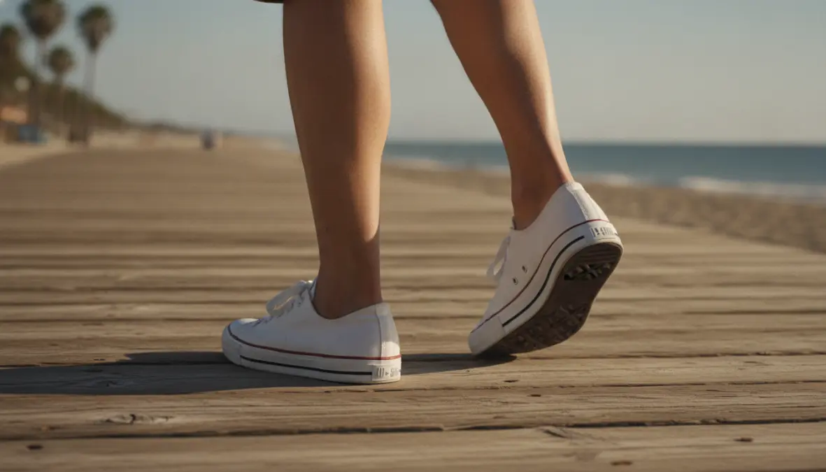 Sneakers tela uomo bianche indossate durante passeggiata estiva sul lungomare