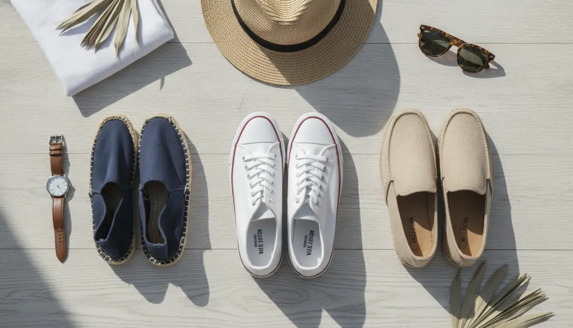 Diverse tipologie di scarpe tela uomo per estate disposte in composizione elegante