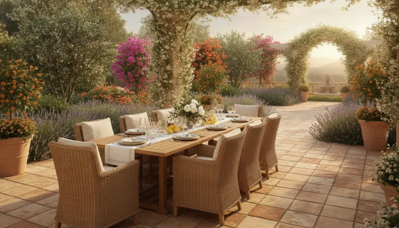 Set tavolo e sedie da giardino elegante su terrazzo esterno con piante