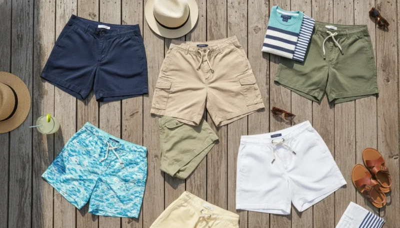 Diversi modelli di shorts uomo estivi disposti su superficie in legno, bermuda e pantaloncini per ogni occasione