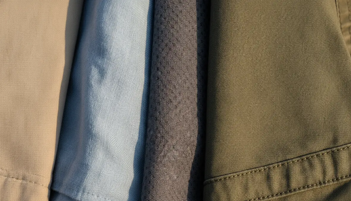 Dettaglio tessuti e materiali diversi di shorts uomo, cotone chino lino e tessuti tecnici traspiranti
