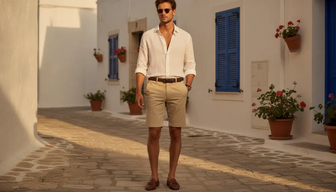 Uomo con outfit estivo elegante abbinando bermuda uomo chino beige con camicia e mocassini