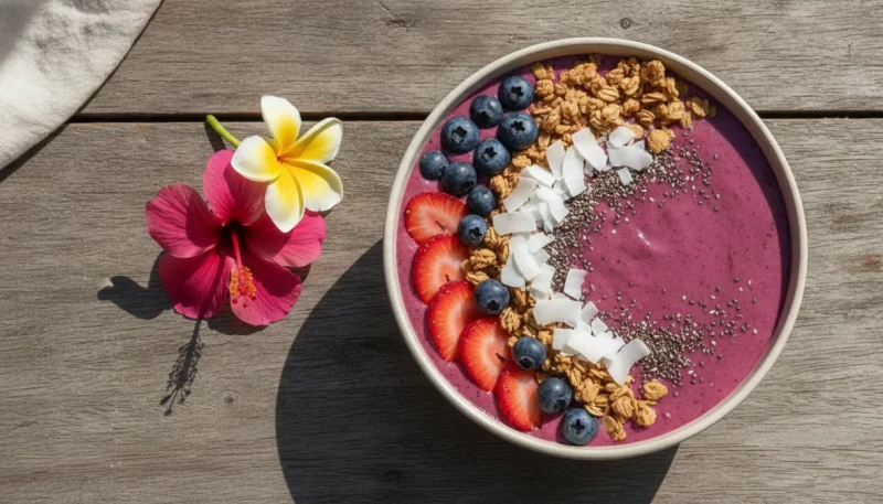 Smoothie bowl colorato con frutti di bosco e topping freschi per colazione estiva