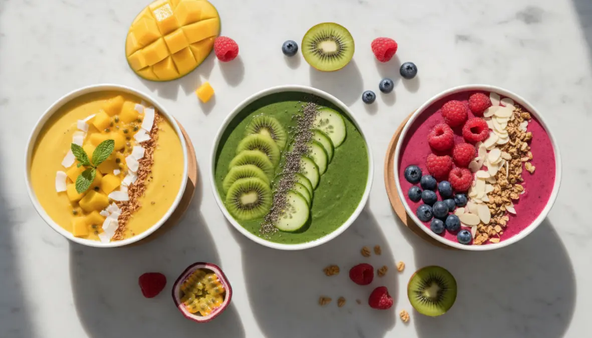 Tre smoothie bowl colorati con diverse ricette e topping creativi