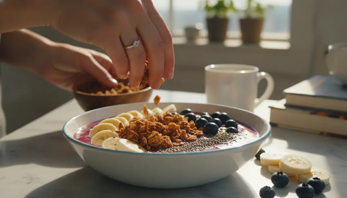 Preparazione smoothie bowl con aggiunta di topping sani e nutrienti