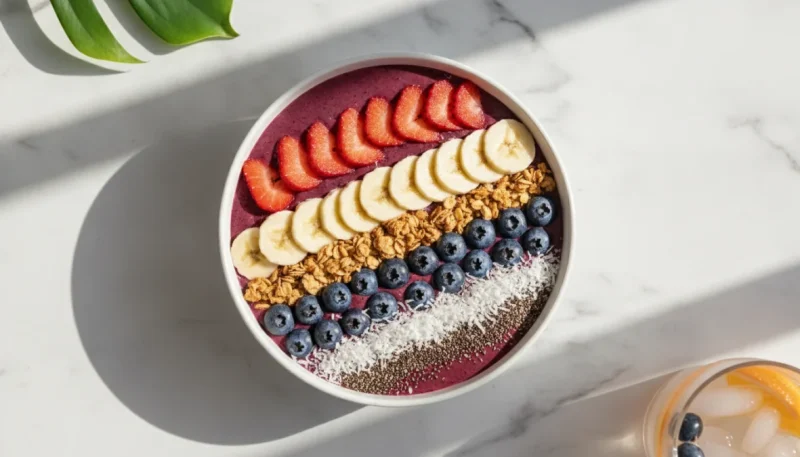 Smoothie bowl colorata con frutta fresca e topping per colazione estiva nutriente