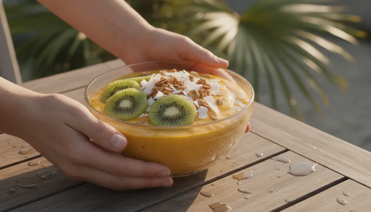 Smoothie bowl tropicale con mango, ananas e topping di frutta fresca