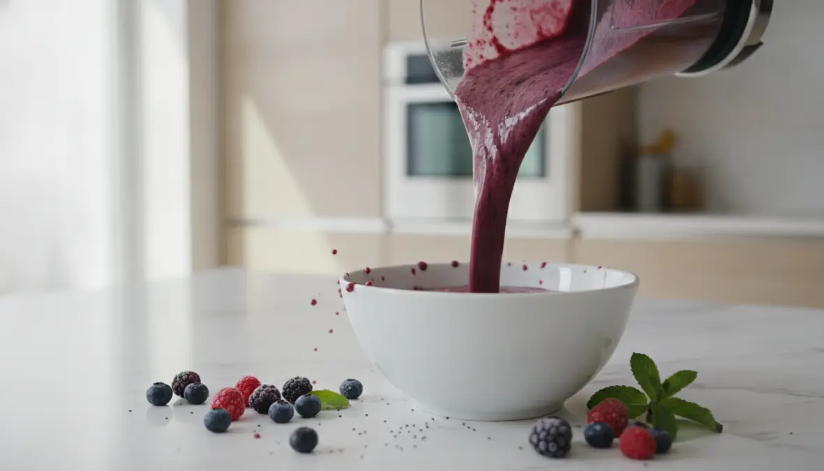 Preparazione base cremosa per smoothie bowl con frutta congelata e frullatore