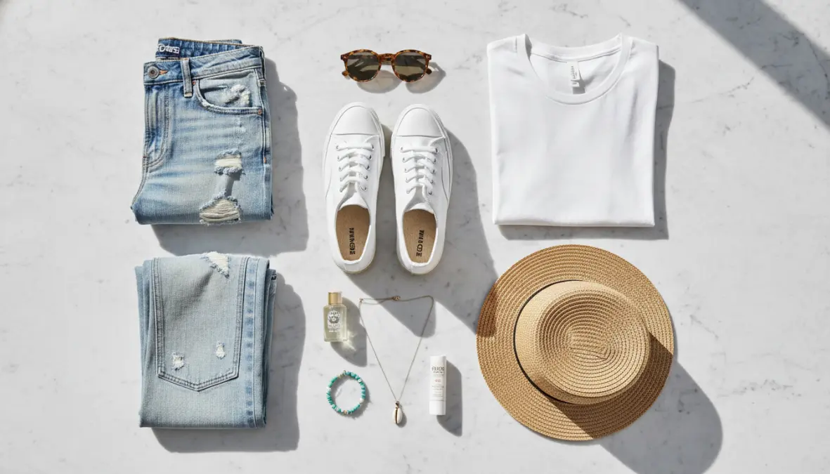 Outfit estivo casual con sneakers bianche, jeans e accessori su superficie chiara