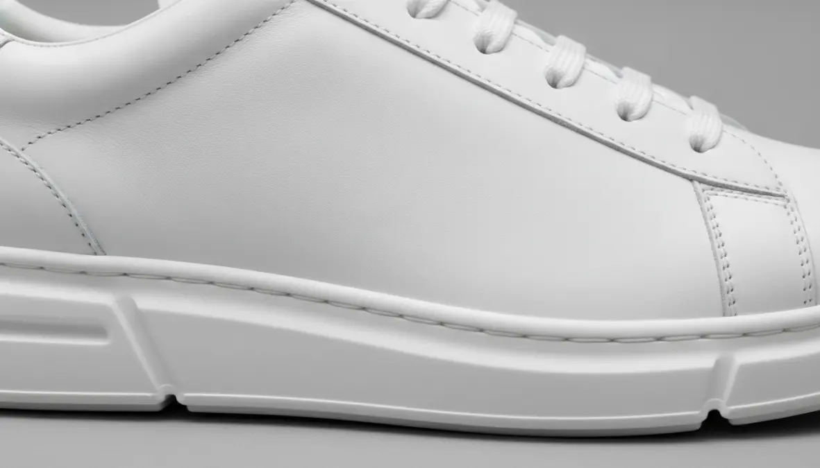Dettaglio scarpe bianche uomo in pelle di qualità, focus su materiali e costruzione