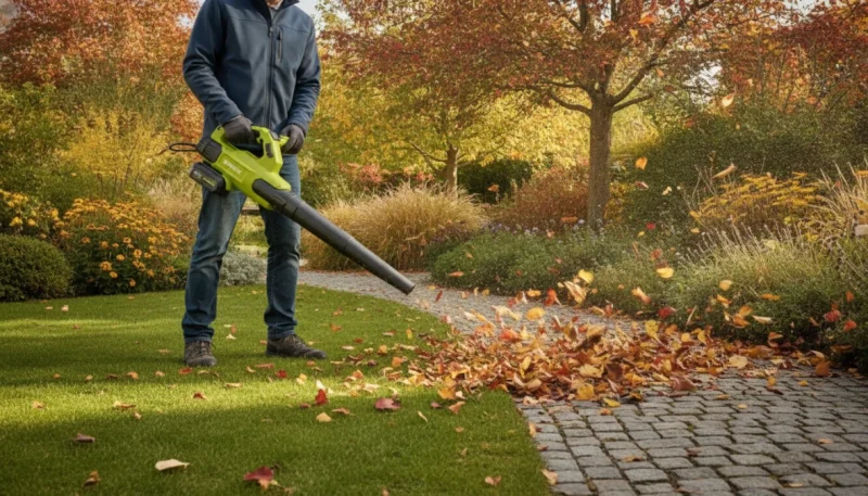 Persona che utilizza un soffiatore foglie a batteria per la pulizia del giardino in autunno