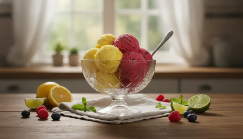 Sorbetto alla frutta fatto in casa senza gelatiera in ciotola elegante con frutta fresca