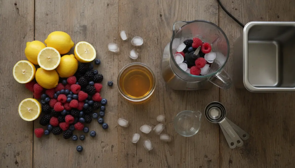 Ingredienti per sorbetto fatto in casa cremoso: frutta fresca, sciroppo di zucchero e attrezzatura