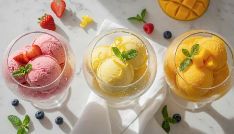 Sorbetto alla frutta colorato in ciotole di vetro con frutta fresca