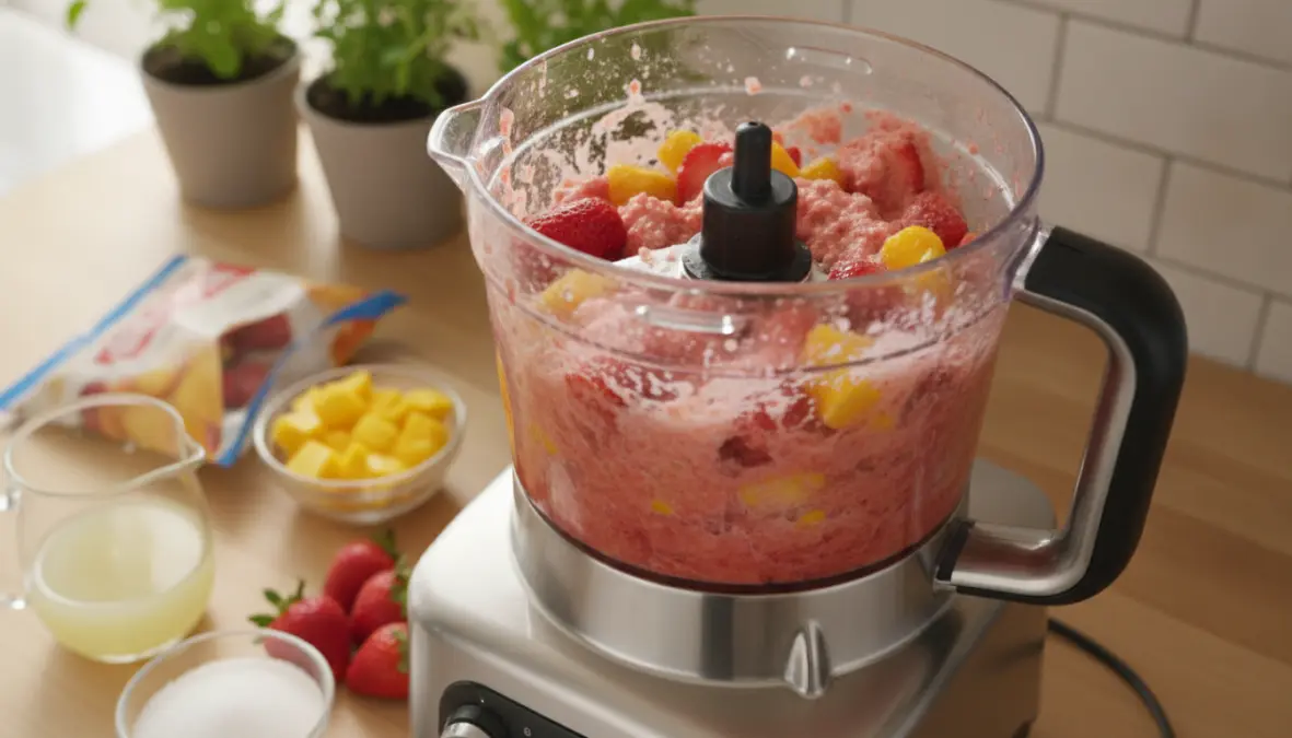 Frutta fresca nel frullatore per preparare sorbetto fatto in casa