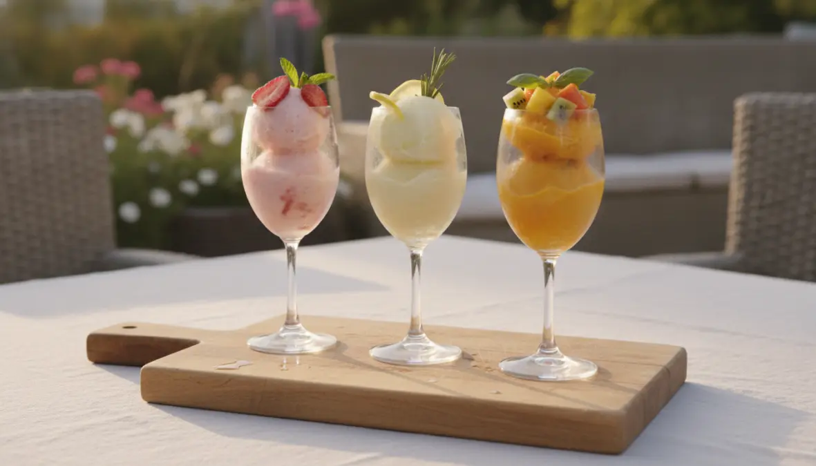 Sorbetto estivo alla frutta servito in bicchieri eleganti