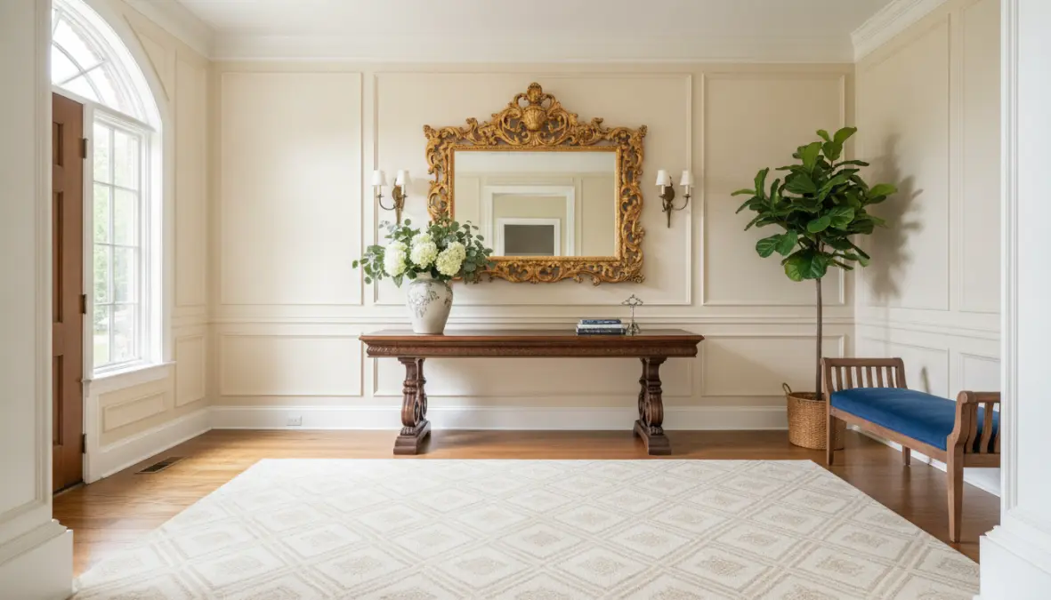 Specchio decorativo con cornice dorata in ingresso sopra consolle
