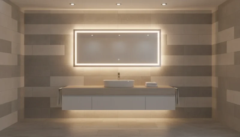 Specchio bagno led moderno con retroilluminazione montato a parete in ambiente contemporaneo