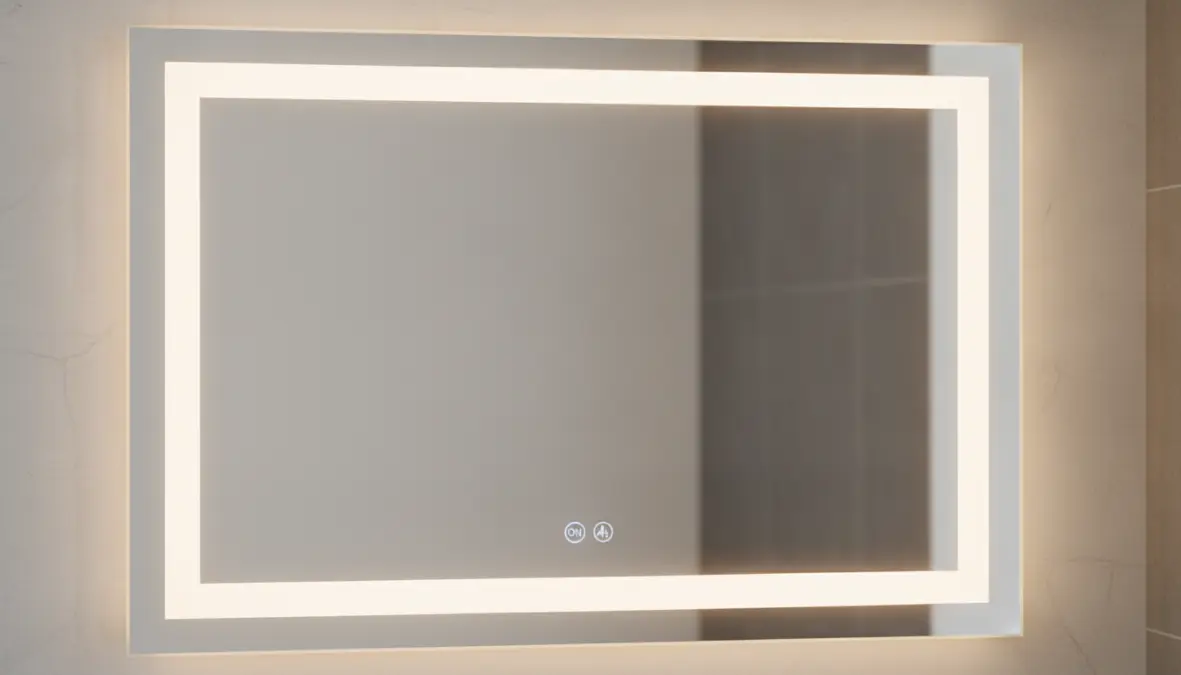 Dettaglio specchio bagno led con interruttore touch e funzione antiappannamento