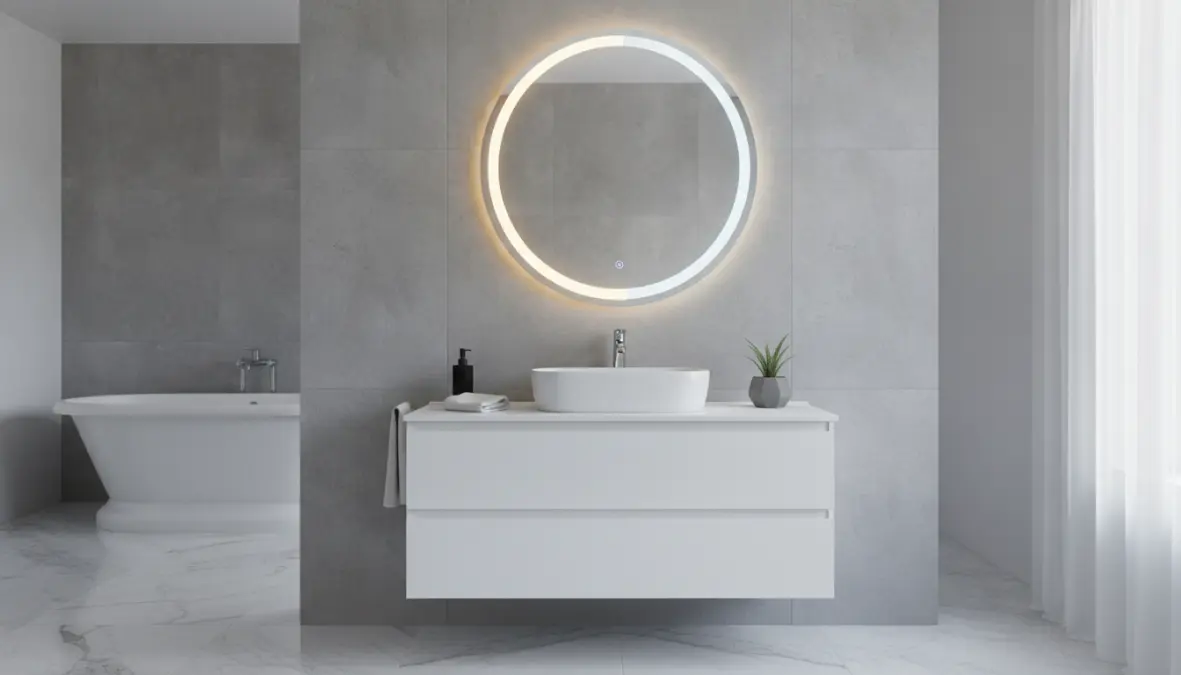 Specchio bagno led rotondo dimmerabile con temperatura colore regolabile e cornice luminosa