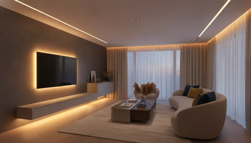 Strisce LED installate in soggiorno moderno con illuminazione d'accento dietro TV e mobili