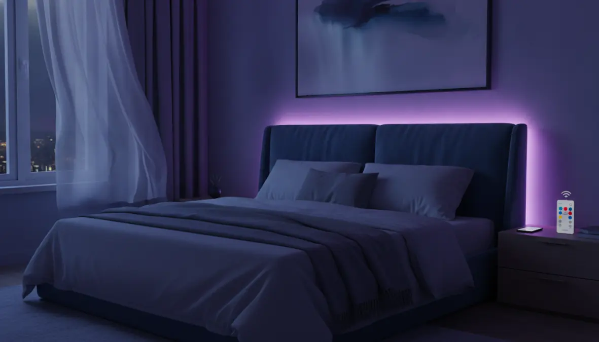 Strisce LED RGB installate dietro testiera letto con controllo colori per atmosfera personalizzata