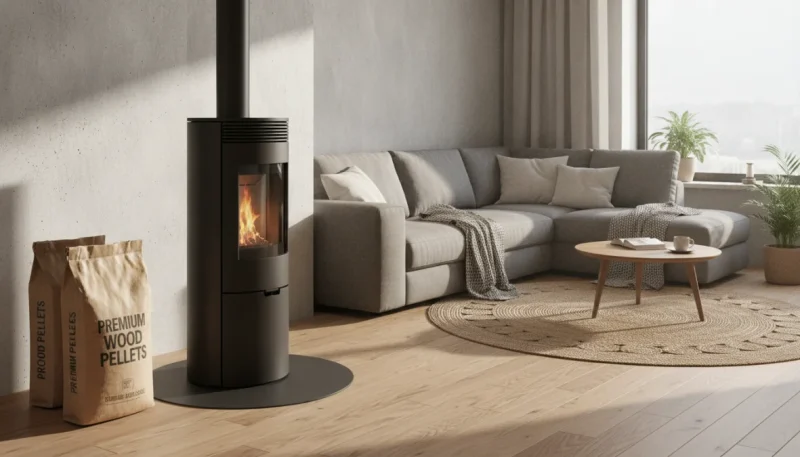 Stufa a pellet moderna in soggiorno accogliente con design contemporaneo