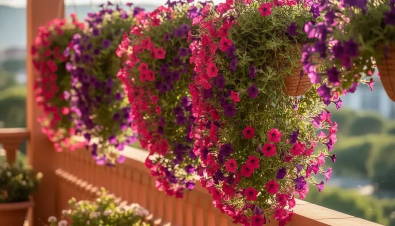 Surfinie ricadenti in piena fioritura su balcone con cascata di fiori colorati