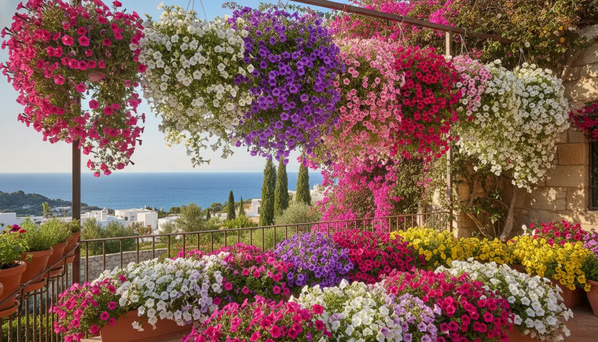 Surfinie e petunie in piena fioritura su terrazzo con fiori pendenti estivi abbondanti