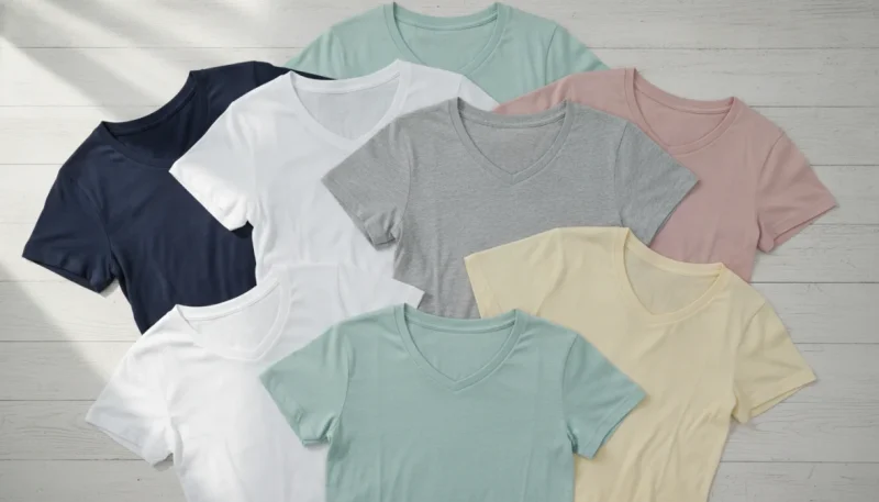 Collezione di t-shirt uomo estive in diversi modelli e colori su sfondo bianco
