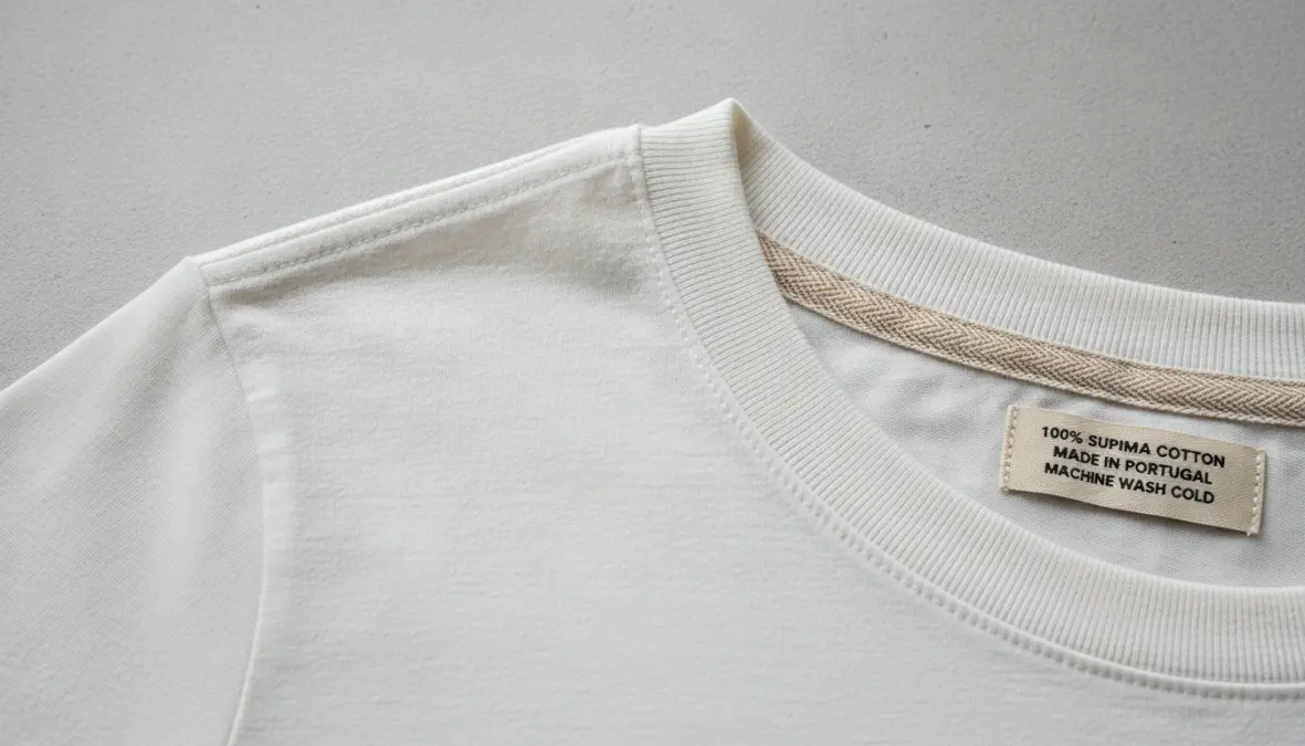 Dettagli di qualità di una t-shirt uomo in cotone: cuciture ed etichetta