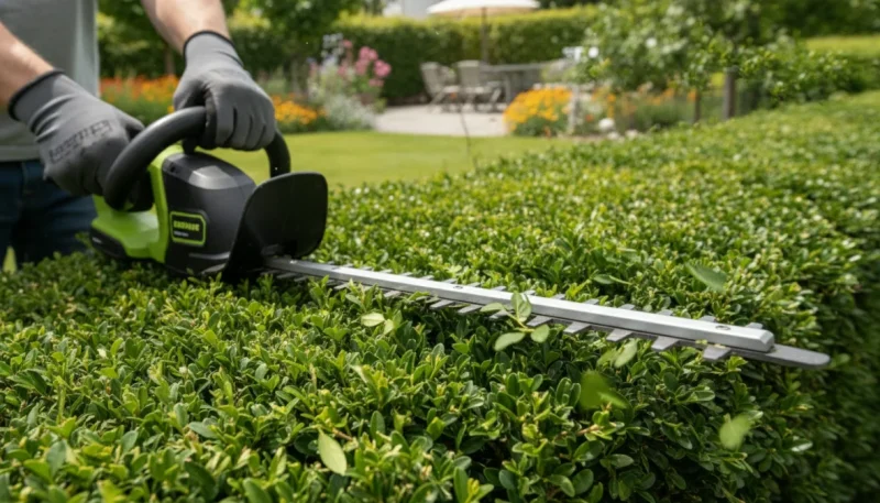 Tagliasiepi a batteria professionale utilizzato per la potatura di siepi in giardino