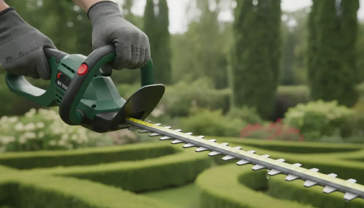Dettaglio lama tagliasiepi professionale con sistema di sicurezza e impugnatura ergonomica