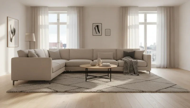 Tappeti soggiorno moderni in zona living con divano e tavolino