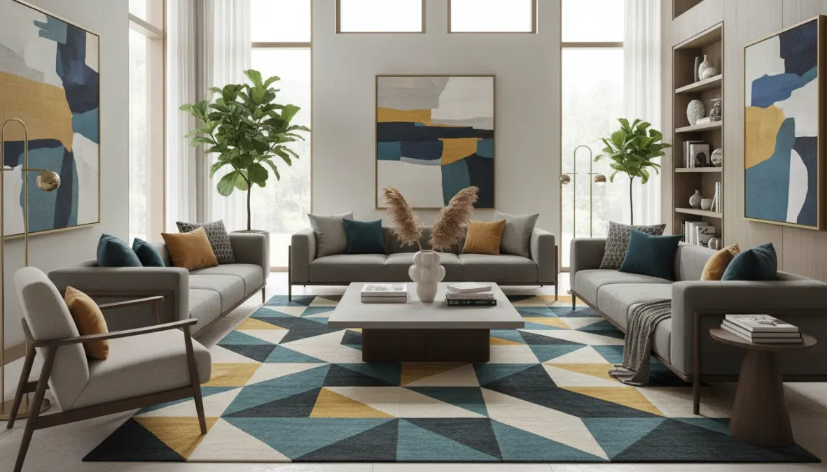 Tappeti moderni soggiorno con design geometrico abbinati all'arredamento
