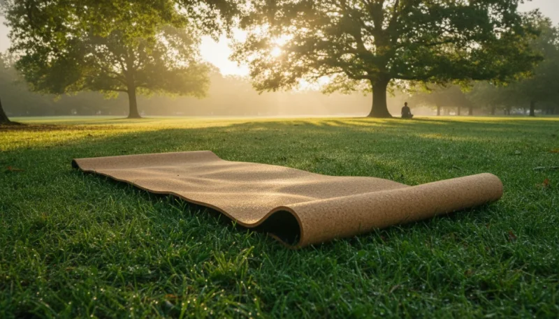 Tappetino yoga outdoor disteso su prato verde per pratica all'aperto