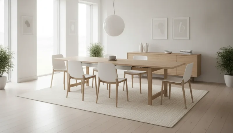 Tavolo allungabile moderno in legno con meccanismo di estensione in sala da pranzo luminosa