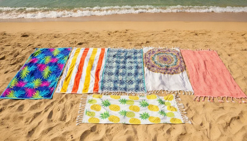 Diversi teli mare in microfibra, cotone e spugna stesi sulla sabbia della spiaggia