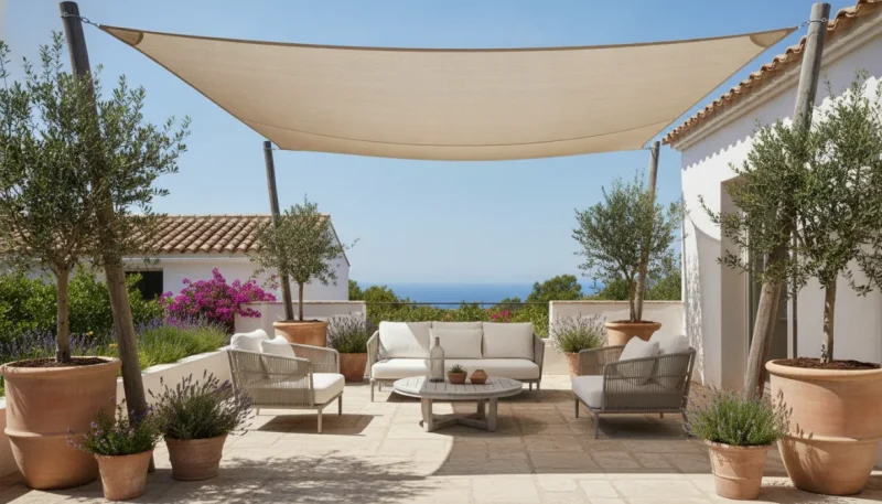 Telo ombreggiante installato su terrazzo con piante e zona relax