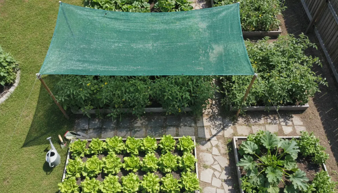 Orto domestico protetto da telo ombreggiante con piante di pomodori e lattuga