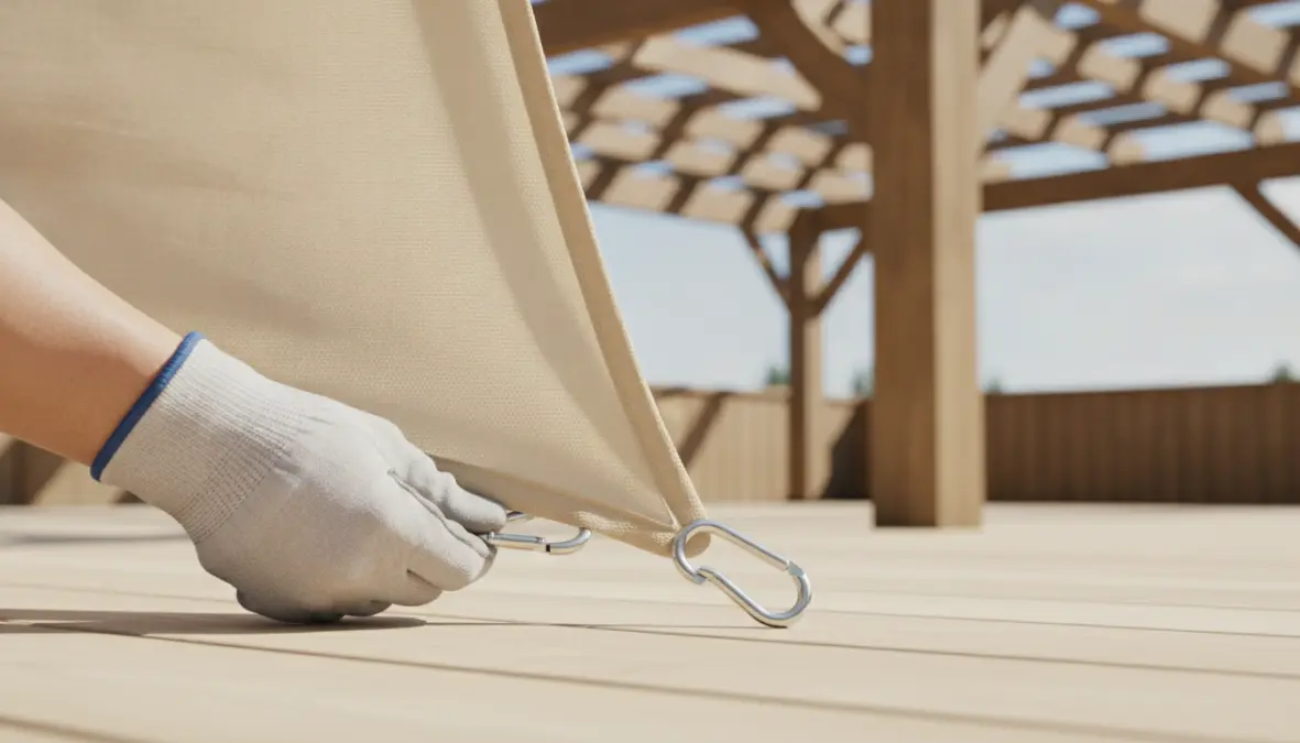 Installazione di un telo ombreggiante su pergola con sistema di fissaggio