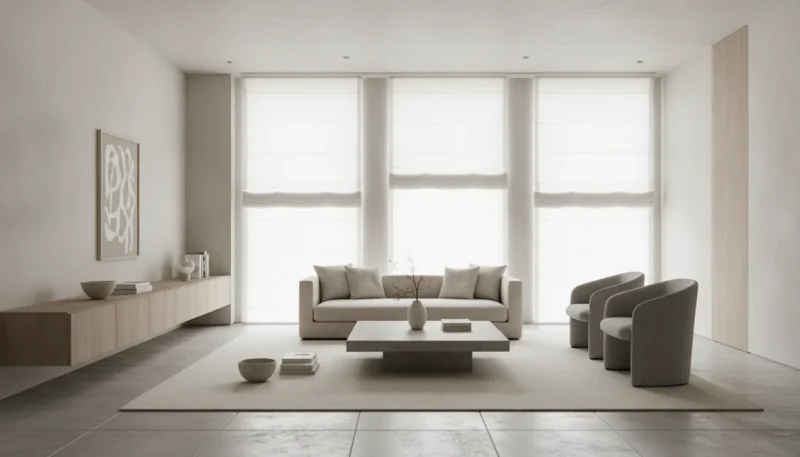 Tende a pacchetto moderne bianche installate in soggiorno luminoso con arredamento contemporaneo