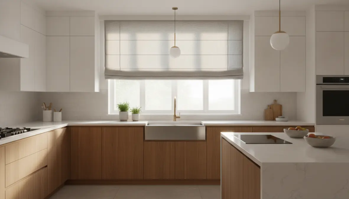Tende a pacchetto su misura grigie installate in cucina moderna con finestra piccola