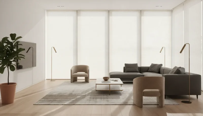 Tende a rullo moderne installate in soggiorno luminoso con arredamento contemporaneo