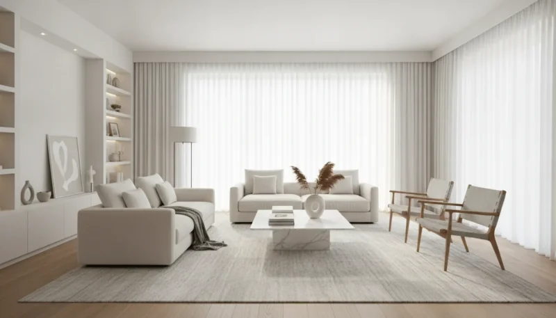 Tende da interno moderne in soggiorno luminoso con pannelli scorrevoli e tessuti filtranti