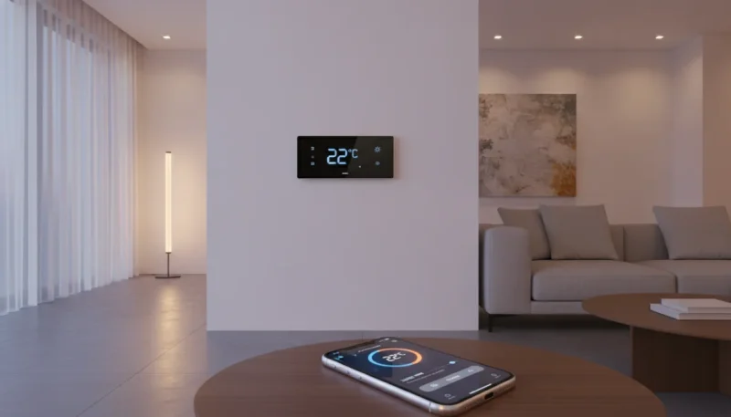 Termostato smart montato a parete con controllo smartphone per gestione riscaldamento intelligente