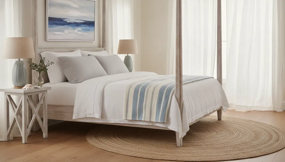 Camera da letto estiva con biancheria in cotone e lino, federe fresche e tendaggi leggeri